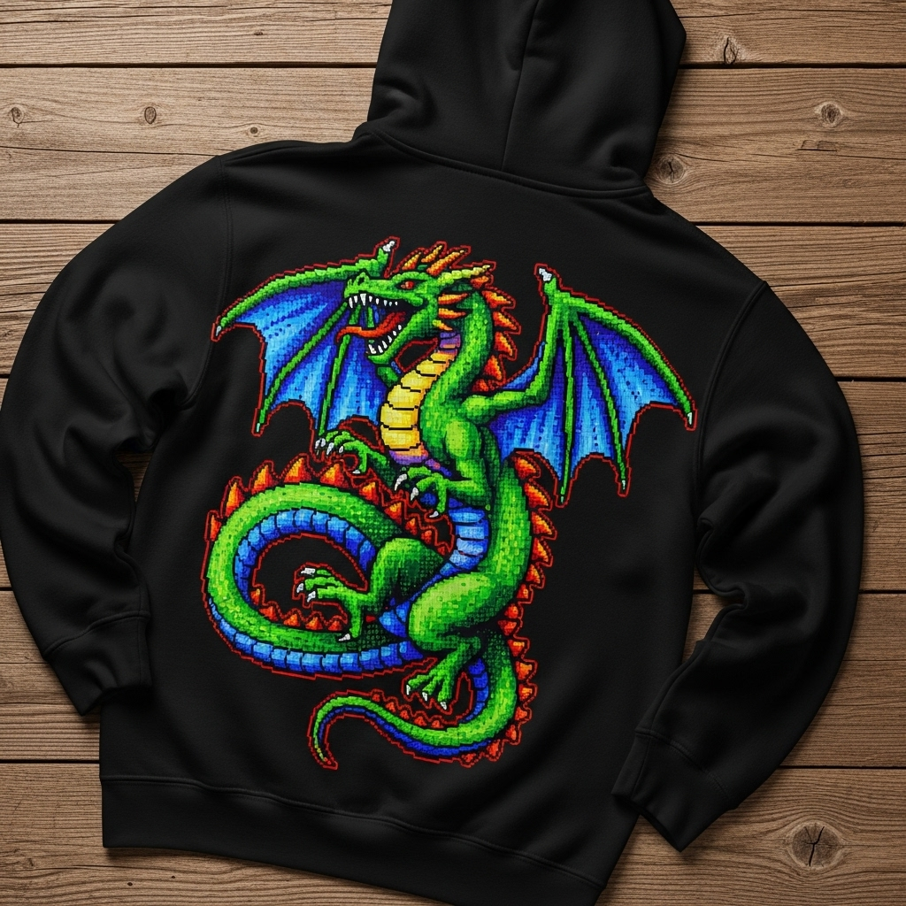 A black hoodie with a vibrant pixelated dragon print on the back.