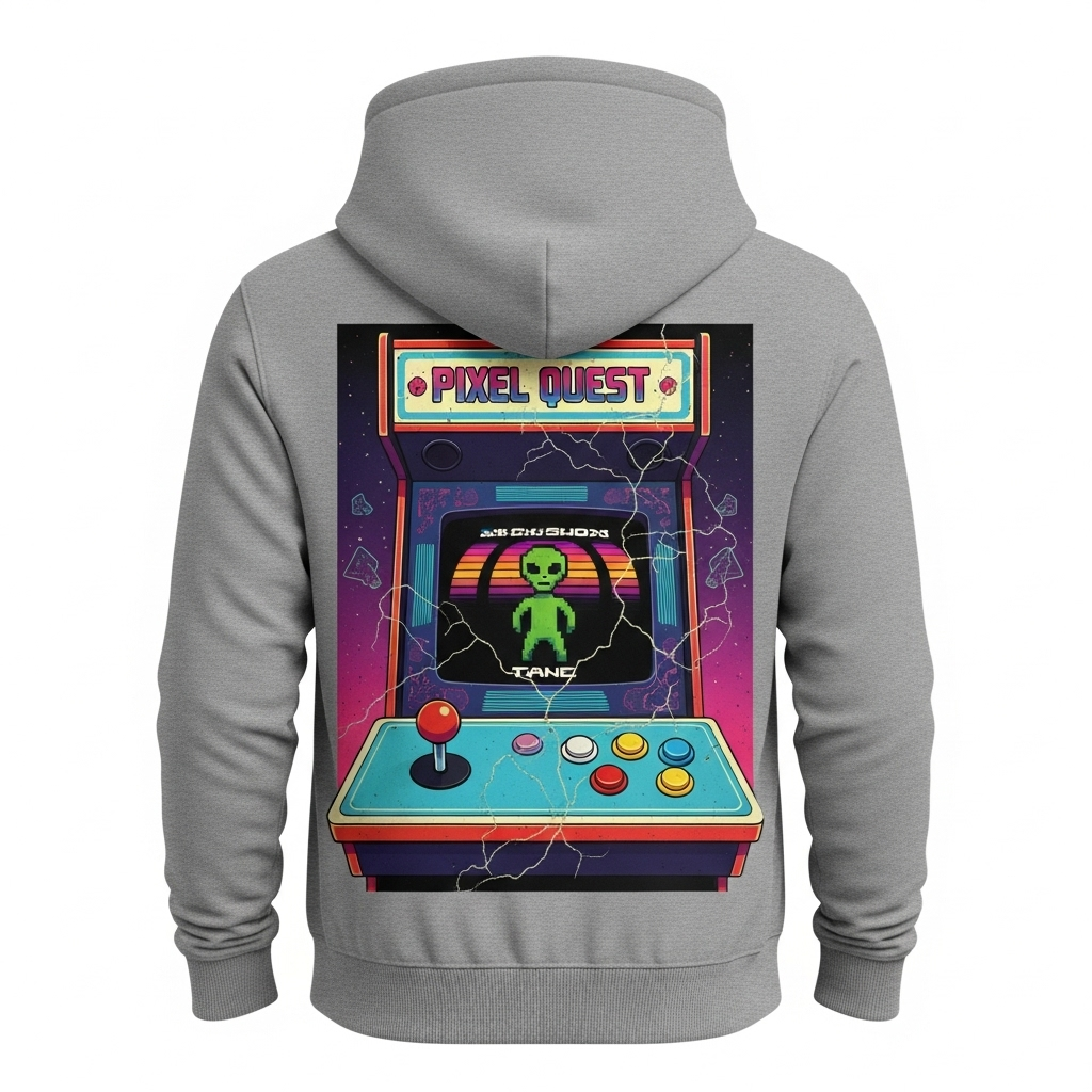 A grey hoodie with a classic retro arcade machine print.