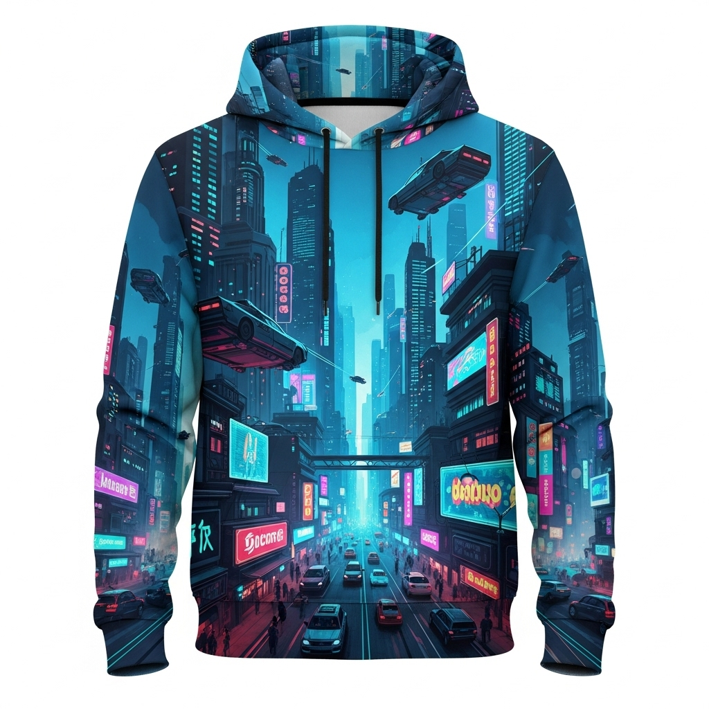 A dark blue hoodie with a futuristic cyberpunk cityscape graphic.