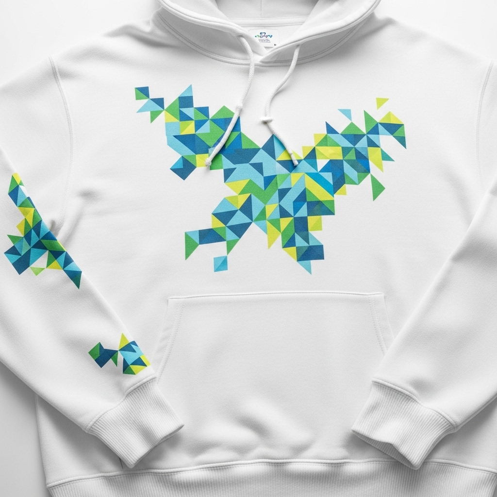 A white hoodie featuring a geometric pixel art design.