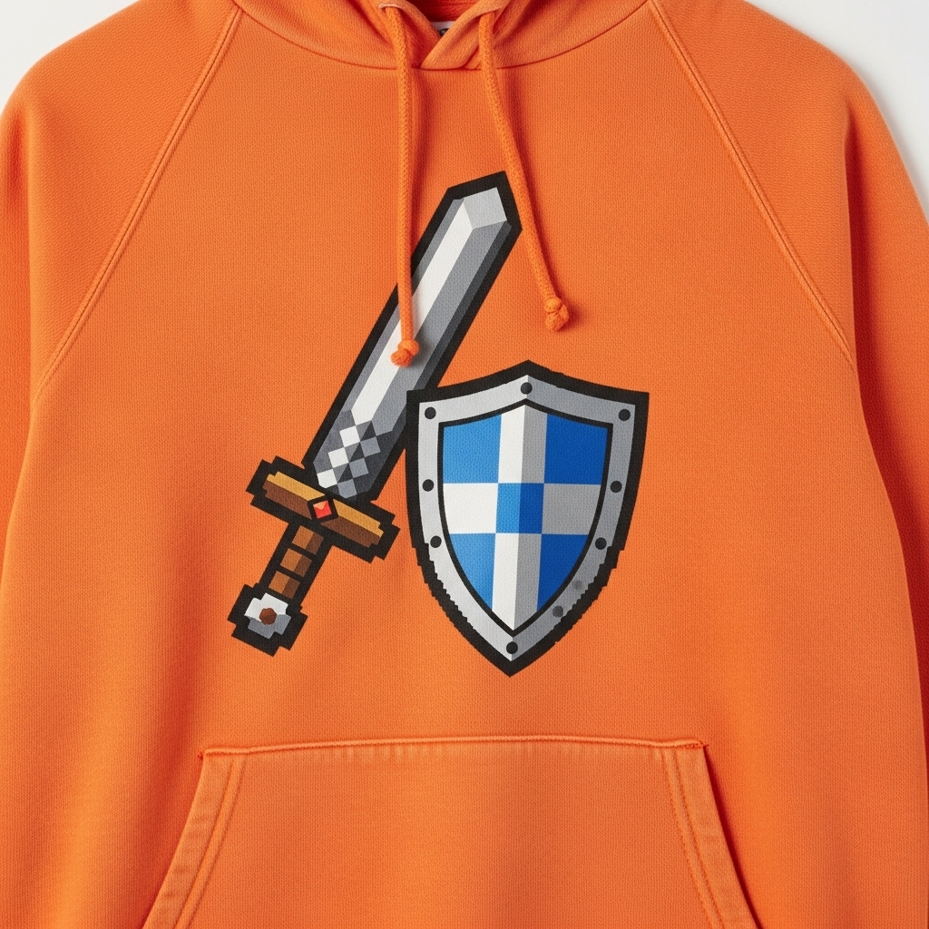 An orange hoodie with a vintage 8-bit sword and shield graphic.