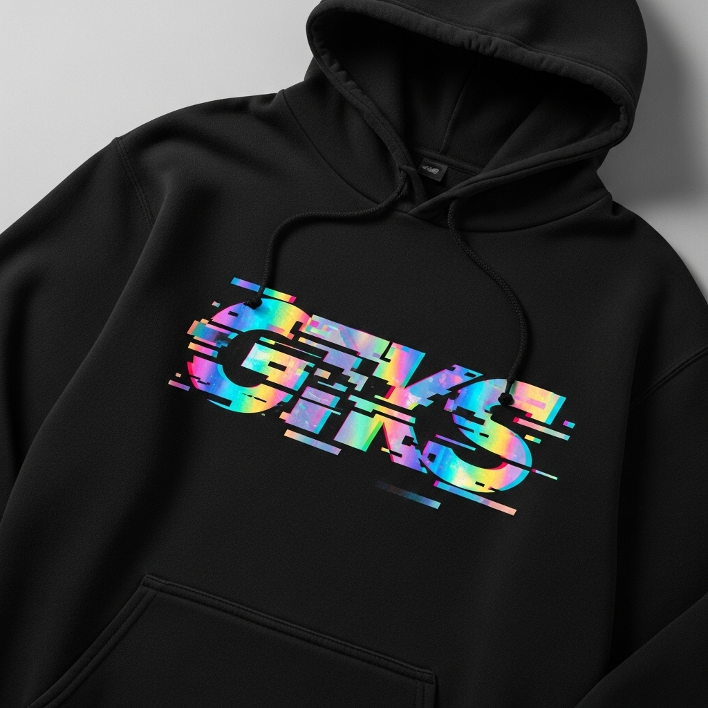 A black hoodie with a holographic, glitch-effect logo.